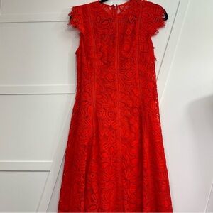 Lela Rose Red A-Line Midi Dress with Flutter Cap Sleeves